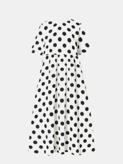 Dot Print Pleated Pocket Short Sleeve Crew Neck Dress