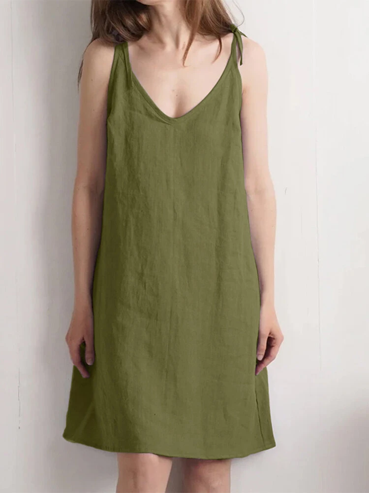 Women Solid Tie Spaghetti Strap Cotton Casual Dress 1 Women Solid Tie Spaghetti Strap Cotton Casual Dress