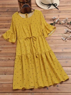 Polka Dot Print Elastic Waist Ruffle Sleeve Plus Size Casual Dress