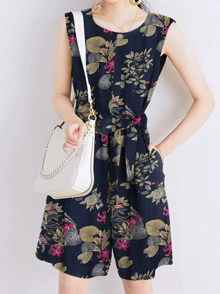 Random Flower Print Pocket Sleeveless Belt Wide Leg Romper 7 Random Flower Print Pocket Sleeveless Belt Wide Leg Romper - Image 7