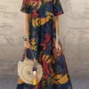 Allover Leaves Print Short Sleeve Maxi Dress