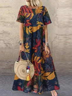 Allover Leaves Print Short Sleeve Maxi Dress