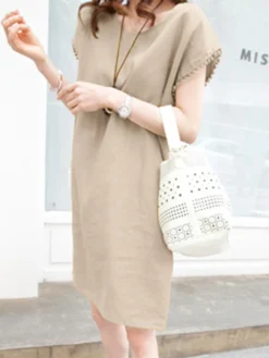 Solid Crew Neck Short Sleeve Loose Dress For Women -Zanzea Shop 32434763 278b 4519 8ce2 90c8d1a7f7fb