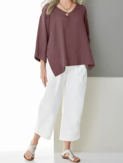 Casual Solid Color Split V-neck Loose Plus Size Blouse -Zanzea Shop 324c1691 8a32 4dd2 b2df b8e65dc2eed8