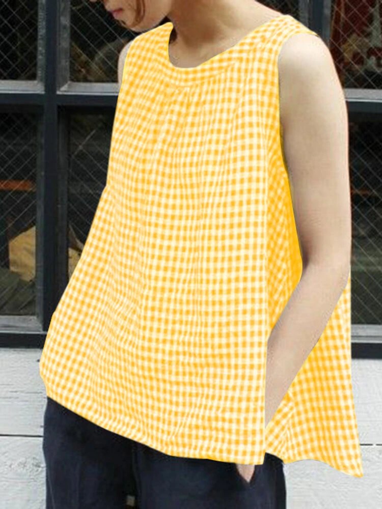 Plaid Knotted Round Neck Sleeveless Casual Tank Top 4 Plaid Knotted Round Neck Sleeveless Casual Tank Top - Image 4