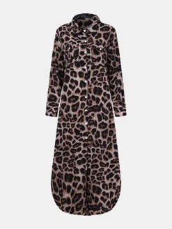 Leopard Print Lapel Button Plus Size Dress With Pockets
