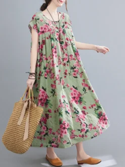 Allover Random Flower Print Short Sleeve Loose Dress