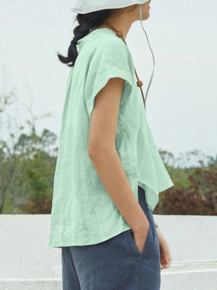 Solid High-low V-neck Short Sleeve Slit Casual Blouse 2 Solid High-low V-neck Short Sleeve Slit Casual Blouse - Image 2