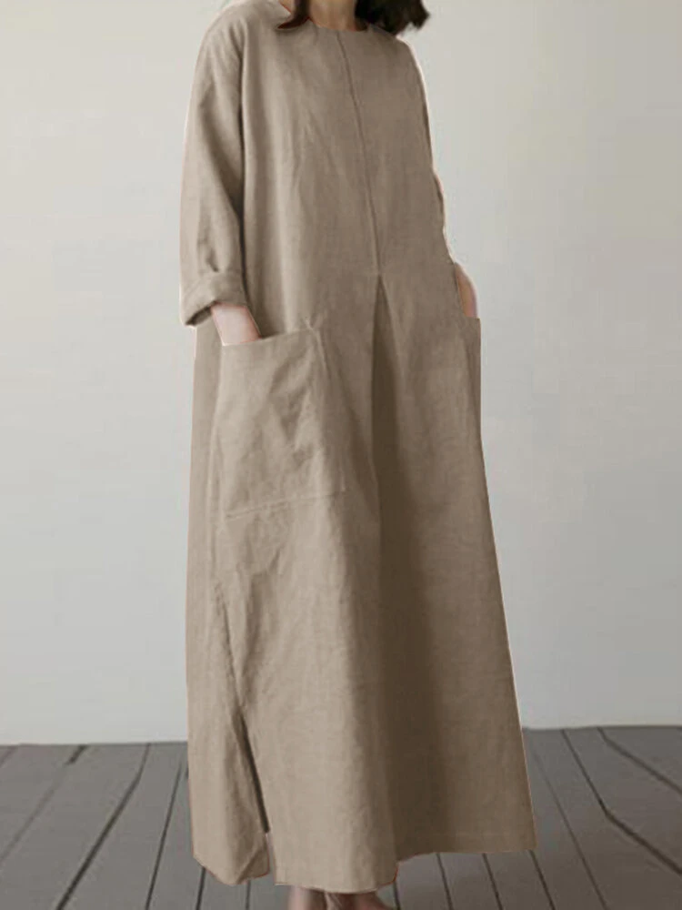 Solid Dual Pocket Slit Hem Crew Neck Vintage Dress 6 Solid Dual Pocket Slit Hem Crew Neck Vintage Dress - Image 6