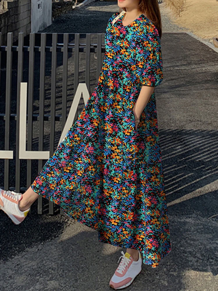 Cottagecore Calico Pocket Puff Sleeve Casual Maxi Dress 3 Cottagecore Calico Pocket Puff Sleeve Casual Maxi Dress - Image 3