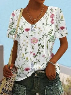 Women Allover Floral Plant Print V-Neck Short Sleeve T-Shirt