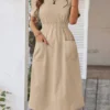 Women Solid Double Pocket Casual Short Sleeve Dress