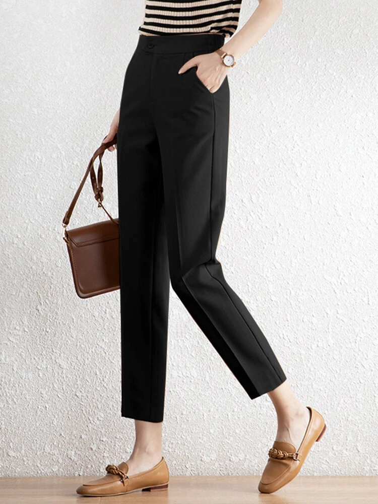 Women Solid Pocket Zip Button Front Tailored Pants 12 Women Solid Pocket Zip Button Front Tailored Pants - Image 12