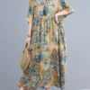 Vintage Flower Print Loose O-neck Half Sleeve Dress For Women
