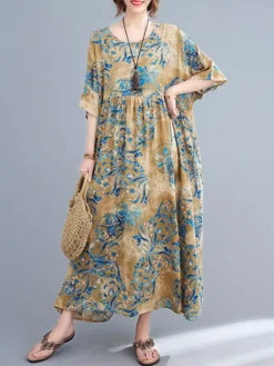 Vintage Flower Print Loose O-neck Half Sleeve Dress For Women