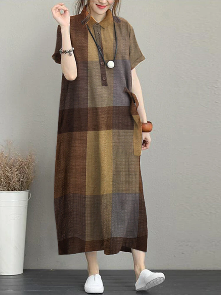 Check Print Pocket Button Front Short Sleeve Lapel Dress 7 Check Print Pocket Button Front Short Sleeve Lapel Dress - Image 7