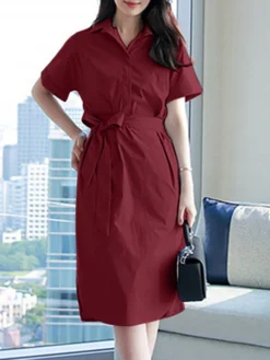 Solid Tie Front Pocket Lapel Short Sleeve Casual Dress -Zanzea Shop 33e99498 2042 4aaa abed 9bb5af12a208