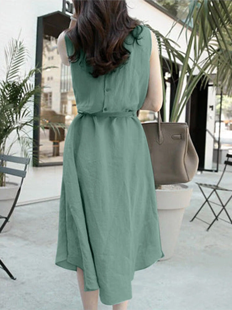Solid Sleeveless Button Back Midi Dress With Belt 2 Solid Sleeveless Button Back Midi Dress With Belt - Image 2