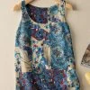 Women Vintage Print Crew Neck Cotton Sleeveless Tank Top