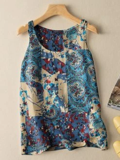Women Vintage Print Crew Neck Cotton Sleeveless Tank Top