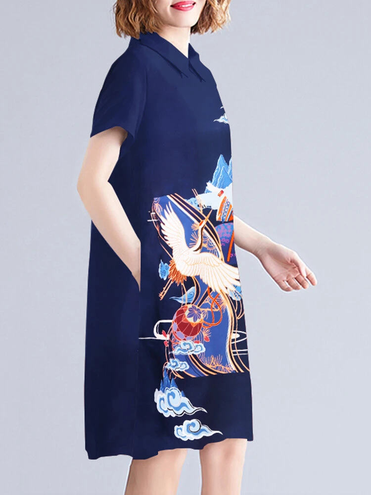 National Style Pattern Pocket Short Sleeve Midi Dress 2 National Style Pattern Pocket Short Sleeve Midi Dress - Image 2