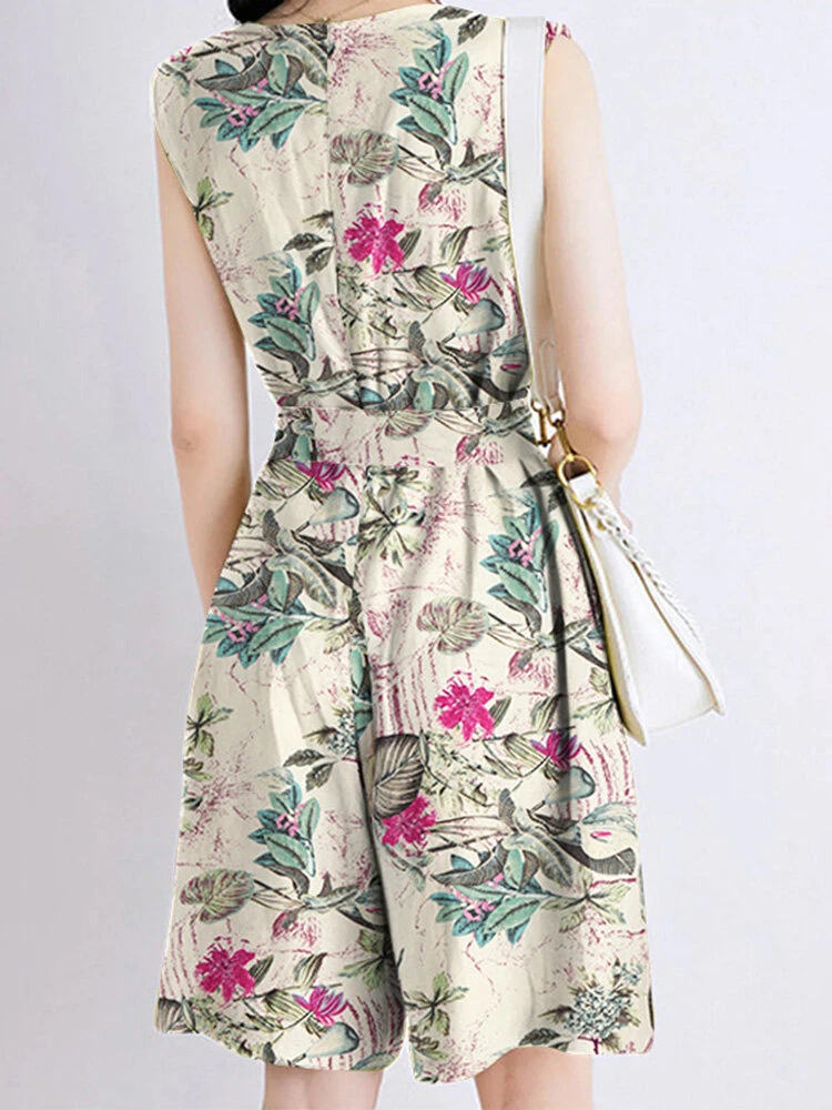 Random Flower Print Pocket Sleeveless Belt Wide Leg Romper 2 Random Flower Print Pocket Sleeveless Belt Wide Leg Romper - Image 2