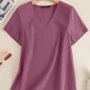 Solid V-neck Short Sleeve Casual T-shirt For Women
