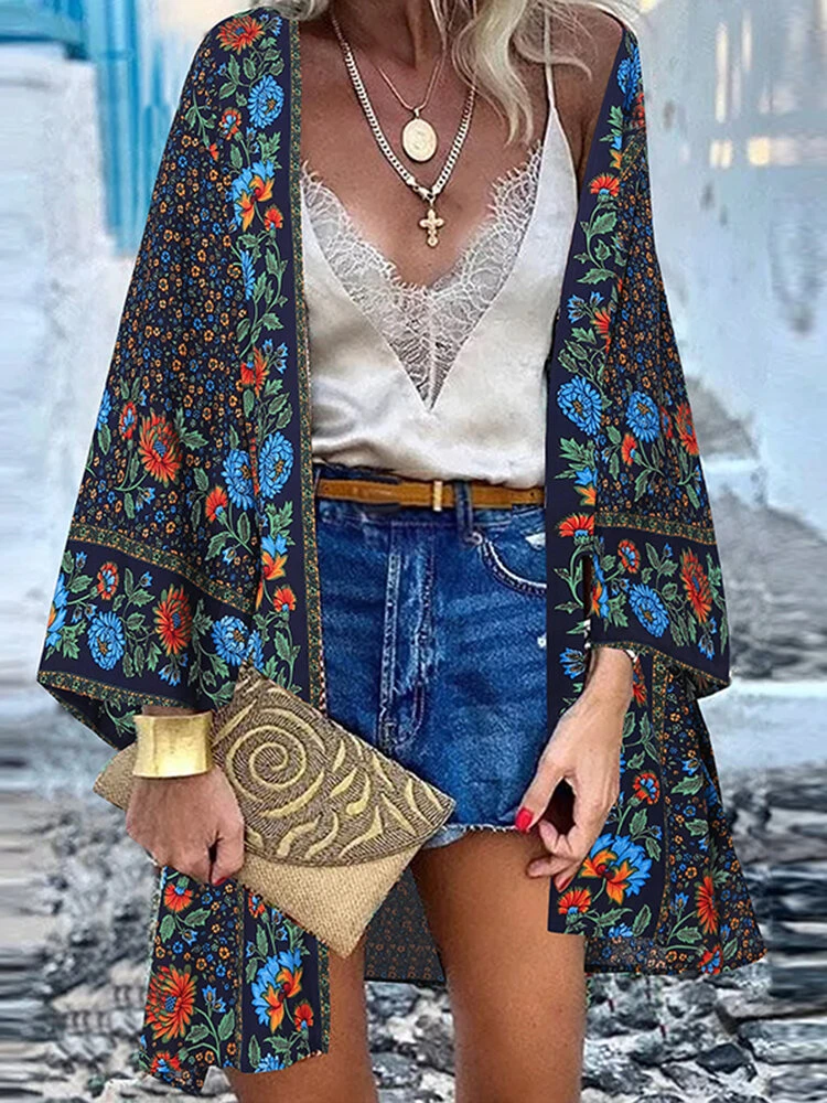 Bohemian Floral Print Loose Long Sleeve Kimono 2 Bohemian Floral Print Loose Long Sleeve Kimono - Image 2