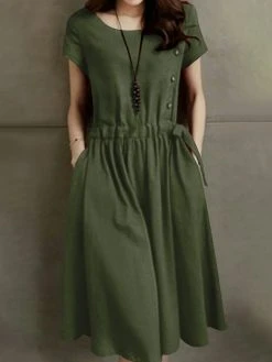 Leisure Solid Pocket Drawstring Short Sleeve Cotton Midi Dress -Zanzea Shop 34868263 3ad1 4191 93e2 c0b851a4d292