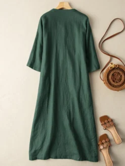 Solid V-neck 3/4 Sleeve Button Casual Dress -Zanzea Shop 34aa4d85 8c50 431c 9c0e 82c5ae024cf8