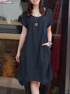 Solid Color Short Sleeve O-neck Pocket Cotton Dress -Zanzea Shop 34cb3124 e912 4846 82a5 43a005e7df68