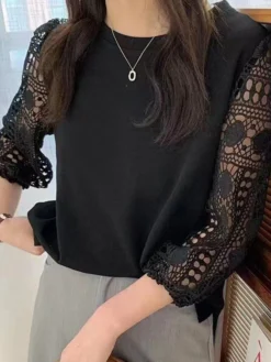 Lace Hollow Panel Lantern Sleeve Crew Neck Blouse -Zanzea Shop 34dde4fb 162c 4682 a6a4 ceacb46dfd87