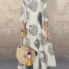 Women Print Crew Neck 3/4 Sleeve Vintage Dress