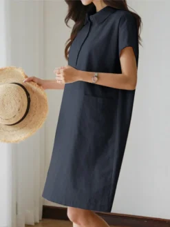 Solid Button Short Sleeve Lapel Cotton Pocket Dress 14 Solid Button Short Sleeve Lapel Cotton Pocket Dress -Zanzea Shop 35087e1b 1c14 4e01 8656 d5a37115febc