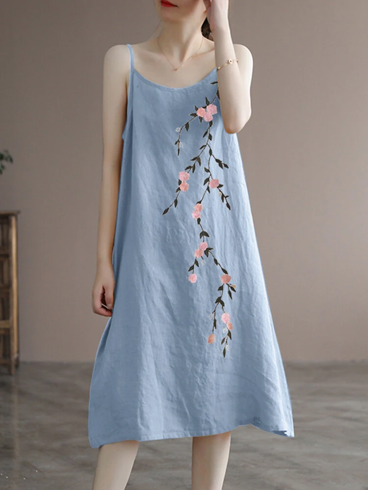 Women Floral Embroidered Cotton Spaghetti Strap Dress 1 Women Floral Embroidered Cotton Spaghetti Strap Dress
