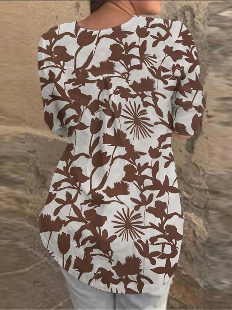 Random Allover Leaves Print Button Front 3/4 Sleeve Blouse 6 Random Allover Leaves Print Button Front 3/4 Sleeve Blouse - Image 6