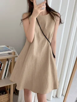 Solid Sleeveless A-Line Casual Cotton Midi Dress