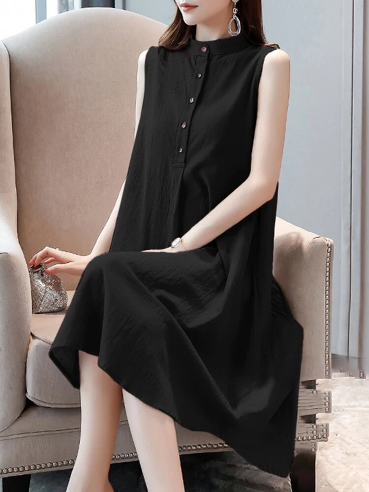 Solid Stand Collar Button Sleeveless Dress For Women 6 Solid Stand Collar Button Sleeveless Dress For Women - Image 6