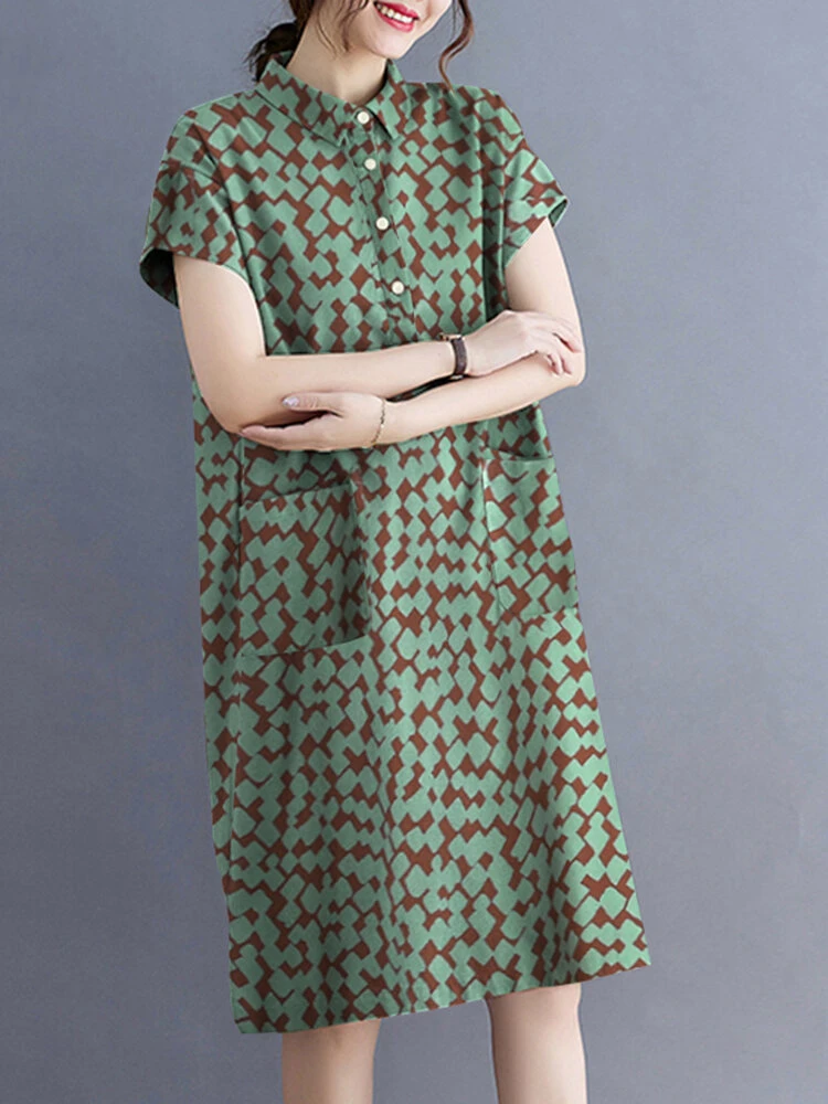 Allover Geo Print Lapel Dual Pocket Short Sleeve Dress 3 Allover Geo Print Lapel Dual Pocket Short Sleeve Dress - Image 3