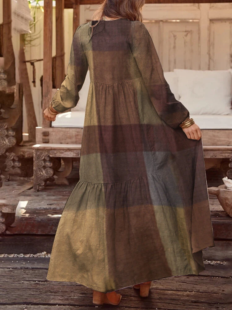 Plaid Print Pocket V-neck Long Sleeve Maxi Vintage Dress 8 Plaid Print Pocket V-neck Long Sleeve Maxi Vintage Dress - Image 8