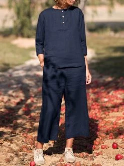 Solid Button Pocket Cotton Casual Two Pieces Suit -Zanzea Shop 3595e318 f45b 41bf 87c9 ec9691d326ef