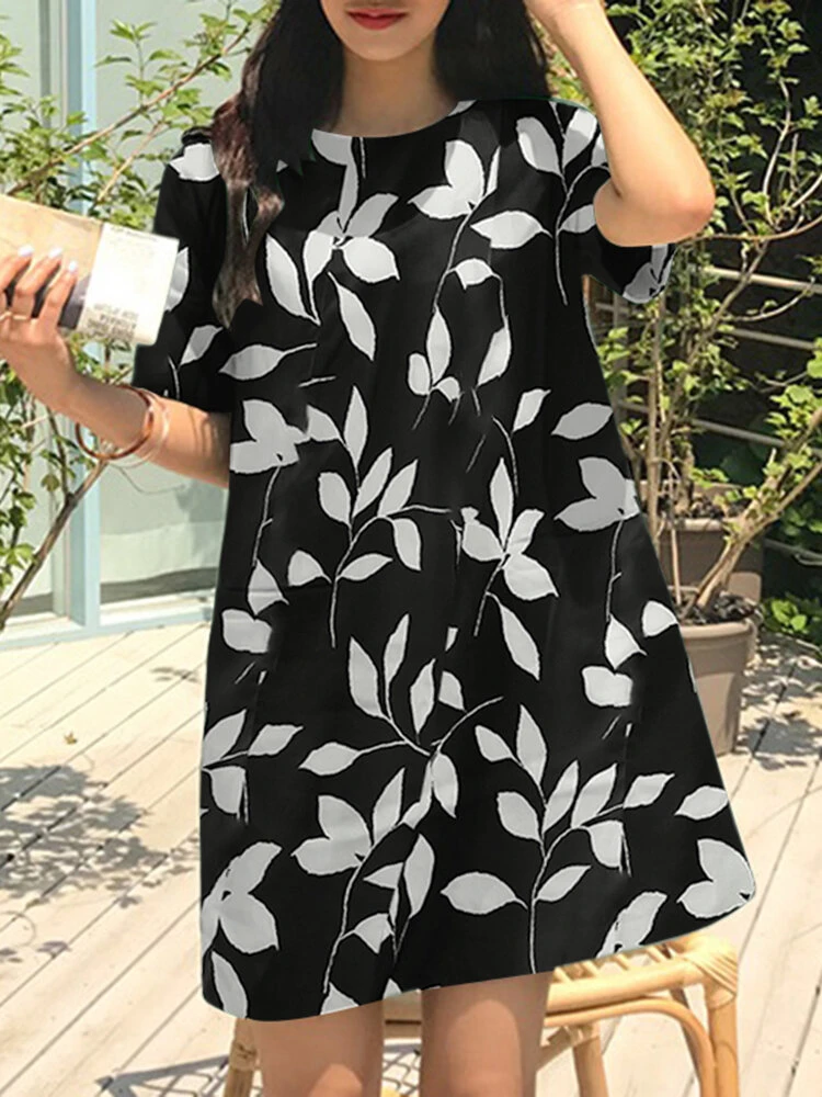 Leaves Print Pocket Crew Neck Short Sleeve Casual Dress 9 Leaves Print Pocket Crew Neck Short Sleeve Casual Dress - Image 9