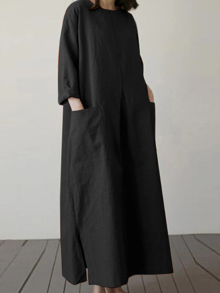 Solid Dual Pocket Slit Hem Crew Neck Vintage Dress 9 Solid Dual Pocket Slit Hem Crew Neck Vintage Dress - Image 9