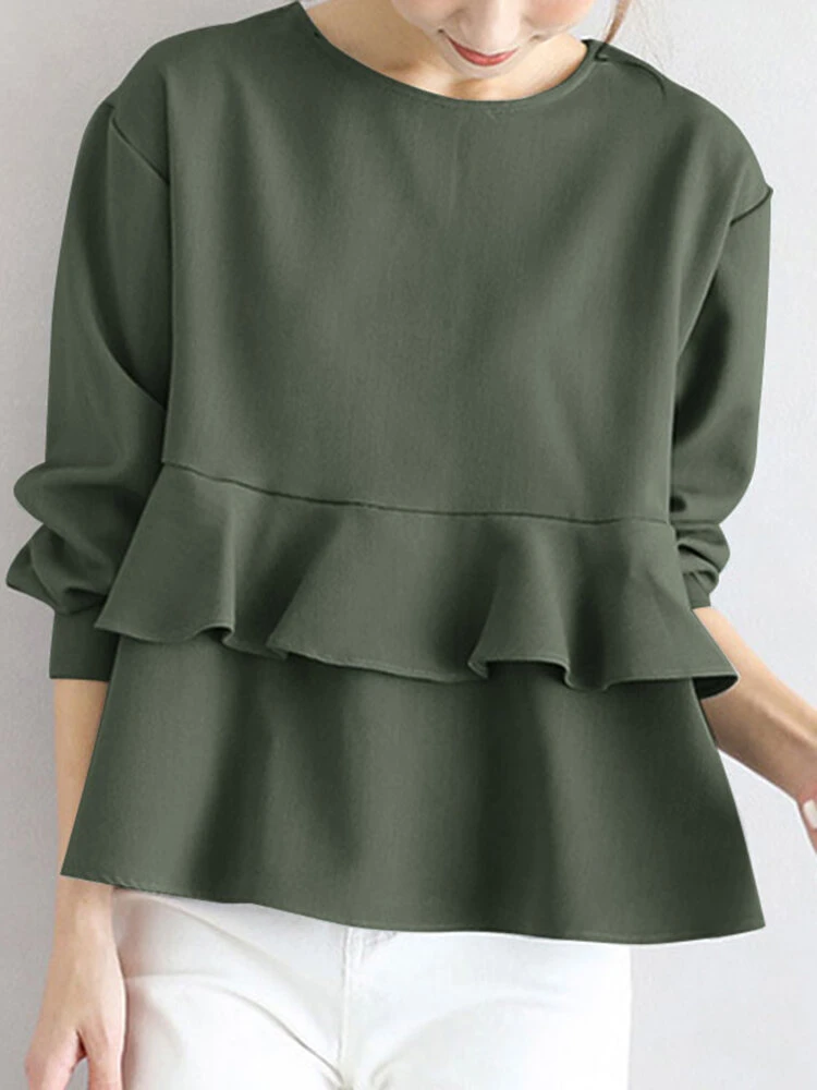 Ruffle Tiered Solid Long Sleeve Crew Neck Casual Blouse 4 Ruffle Tiered Solid Long Sleeve Crew Neck Casual Blouse - Image 4
