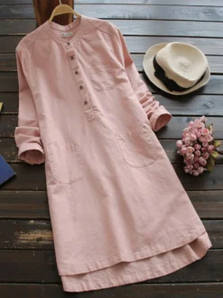 Solid Stand Collar Long Sleeve Pocket Button Vintage Dress -Zanzea Shop 35e46be3 5b8a 4570 afff 59ca1f69d845