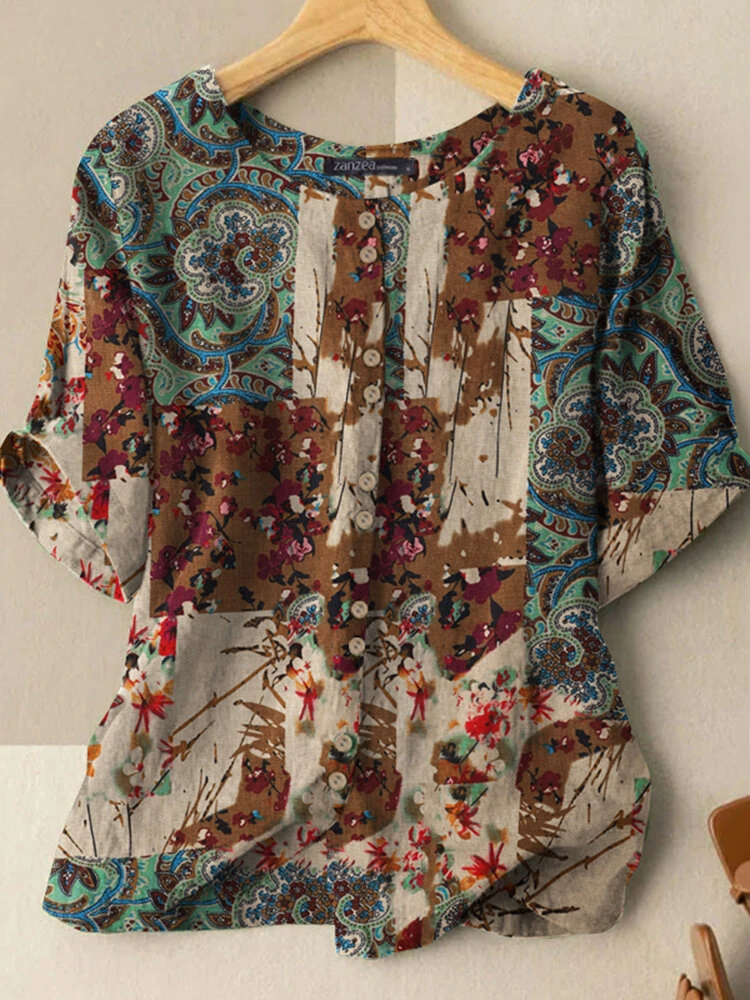 Women Allover Print Button Front Short Sleeve Blouse 2 Women Allover Print Button Front Short Sleeve Blouse - Image 2