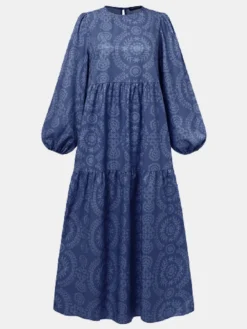 Print O-neck Puff Sleeve Plus Size Casual Dress For Women