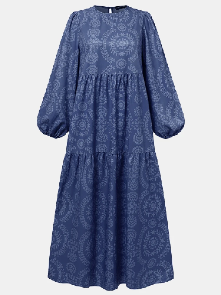 Print O-neck Puff Sleeve Plus Size Casual Dress For Women 1 Print O-neck Puff Sleeve Plus Size Casual Dress For Women