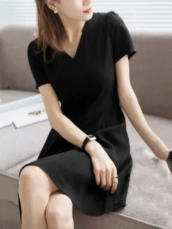 Solid A-line Short Sleeve V-neck Dress For Women -Zanzea Shop 365bec14 afa1 455d 8803 1208fb2fe6af