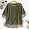 Women Contrast Patchwork Crew Neck Knit Raglan Sleeve T-Shirt
